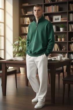 Tommy Hilfiger Men's Green Quarter-Zip Fleece Sweatshirt with Kangaroo Pocket